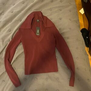 NWT express burgundy knit v-neck collared sweater XS